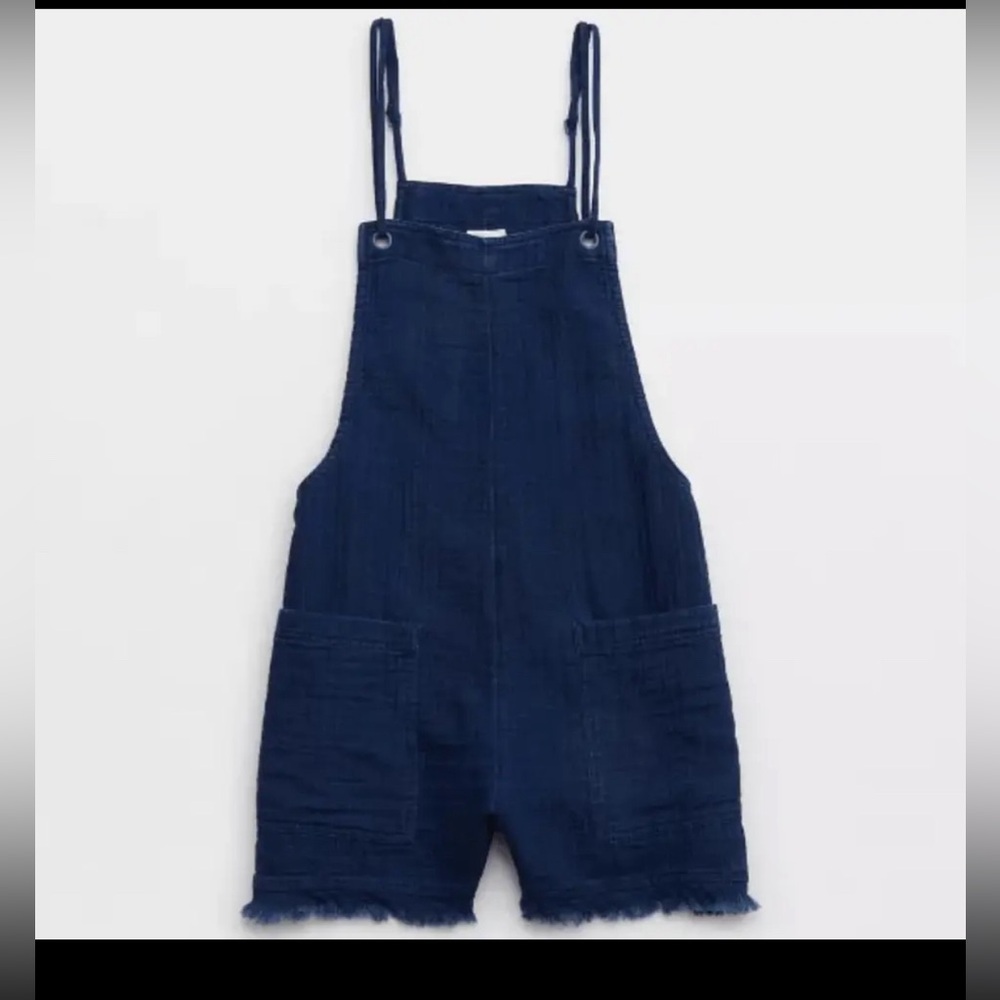 Aerie navy blue gauze short overall with pockets